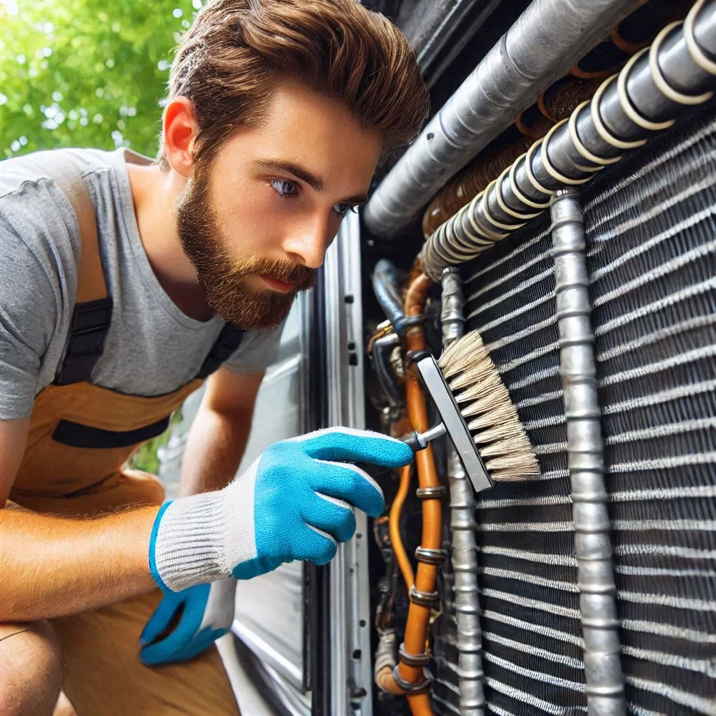 Close-up image of a technician cleaning the evaporator coils of an RV air conditioning unit, using a soft brush or coil cleaner.