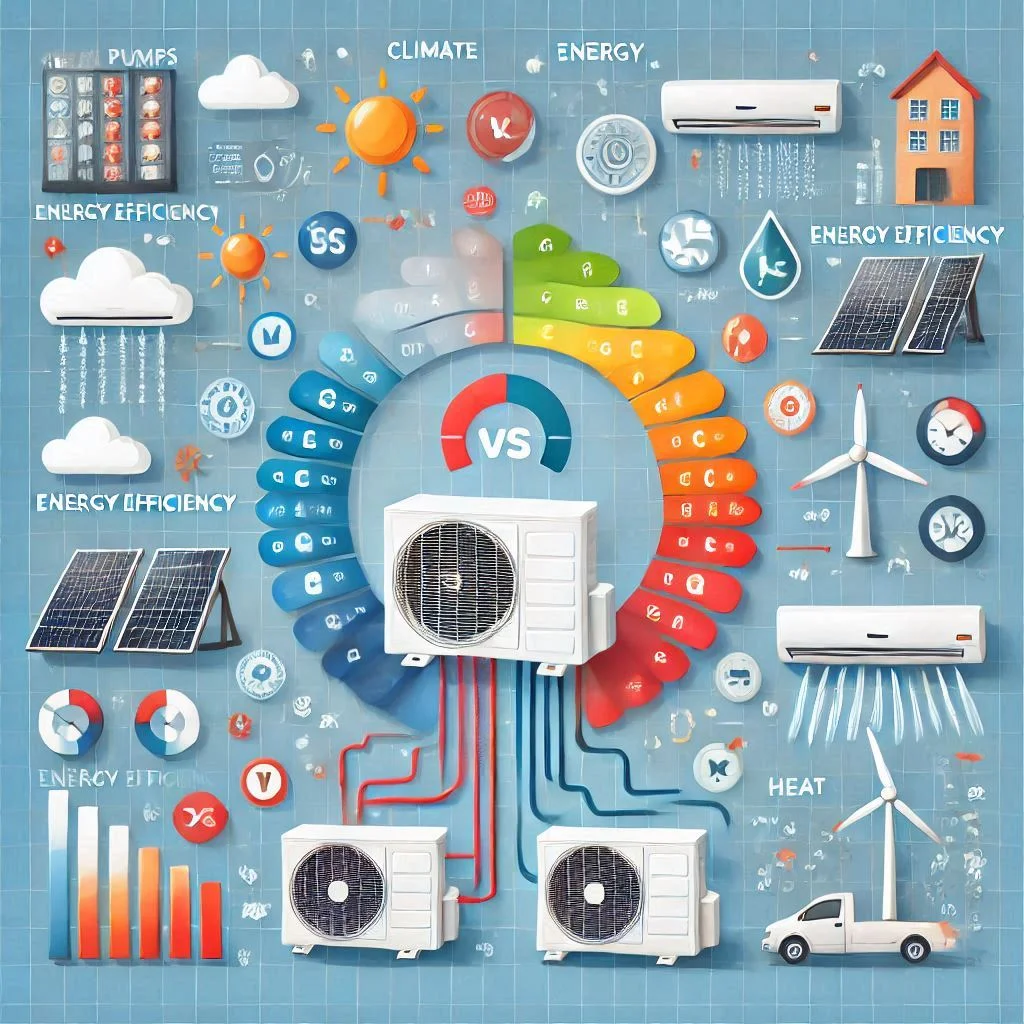 "A comparison chart with factors like climate, energy efficiency, and system versatility for heat pumps vs air conditioners."