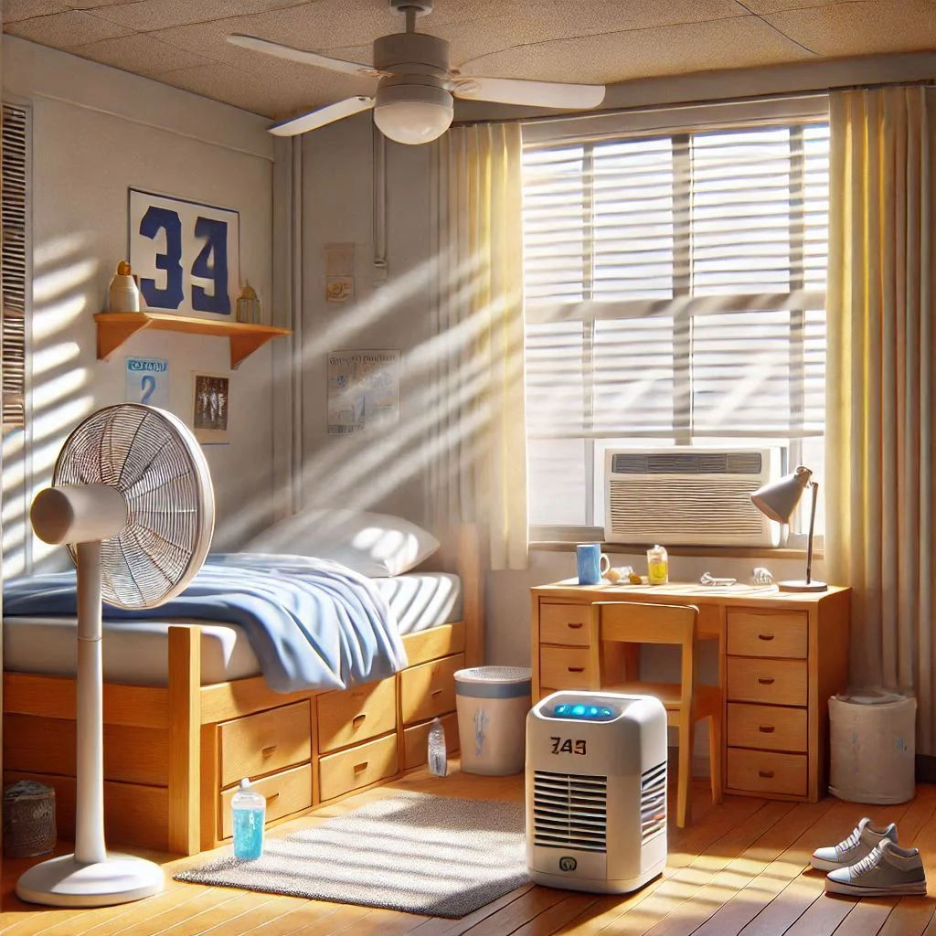 "A dorm room with a fan, closed blinds, and a cool mist humidifier to demonstrate cooling without AC."