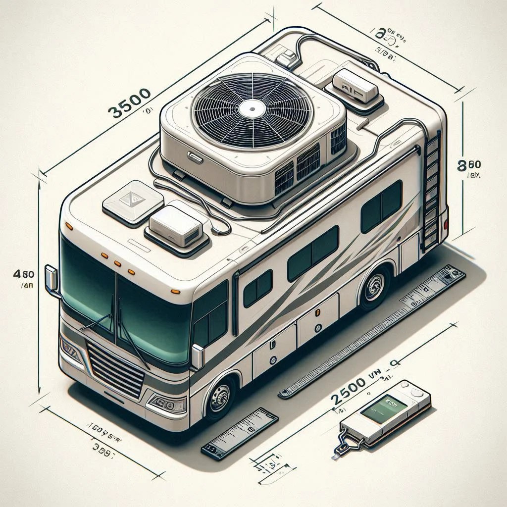 An RV rooftop with a 13500 BTU air conditioner installed, accompanied by dimension and weight markers for visual clarity.