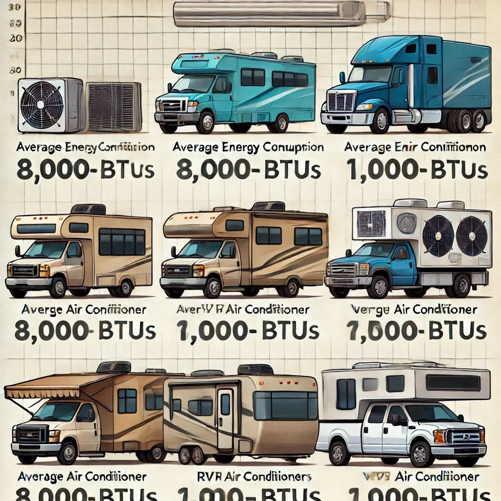 "A chart comparing the average energy consumption (in watts) of various RV air conditioner sizes (8,000-15,000 BTUs) and their respective wattage ranges."