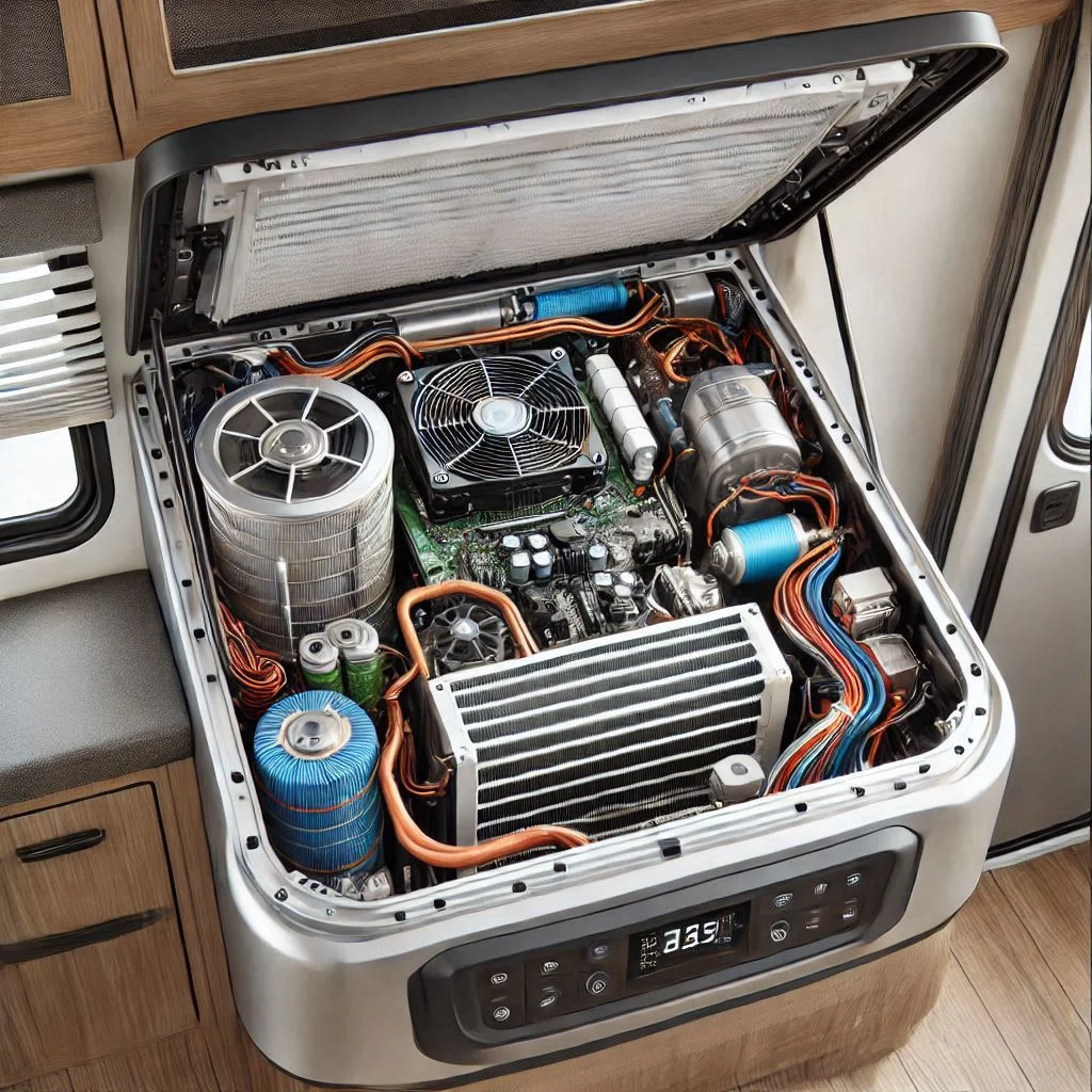 "RV air conditioner with the hood open, showcasing the internal components such as the evaporator coil, condenser coil, compressor, and wiring, in a clean and well-maintained state."