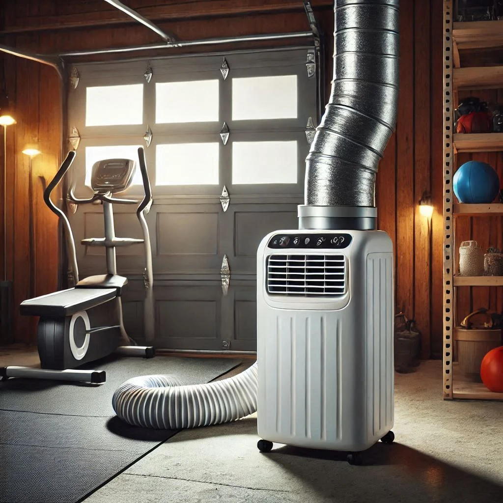 A portable air conditioner in a garage gym, with the exhaust hose venting hot air outside through a window.