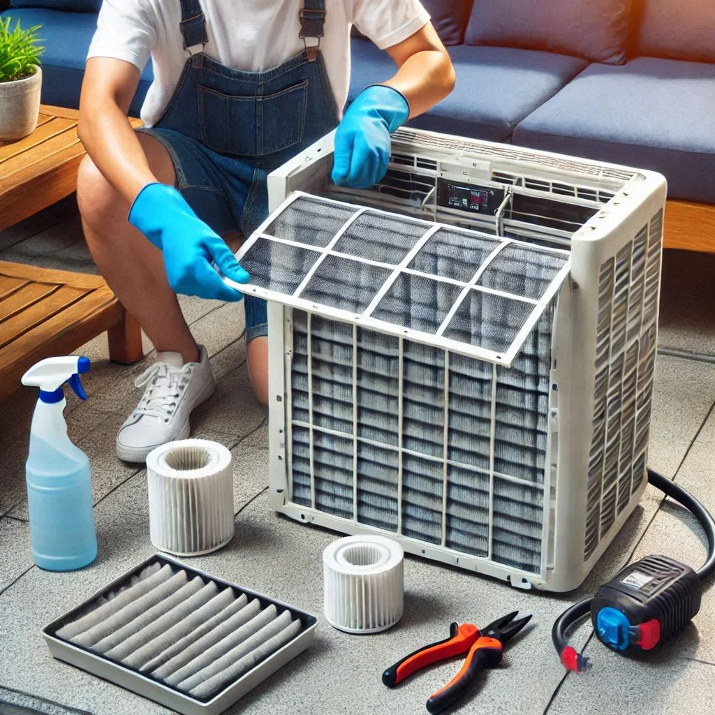 Generate an image showing a person cleaning the air filter of a portable air conditioner on a patio, with the unit being carefully maintained for long-term use.