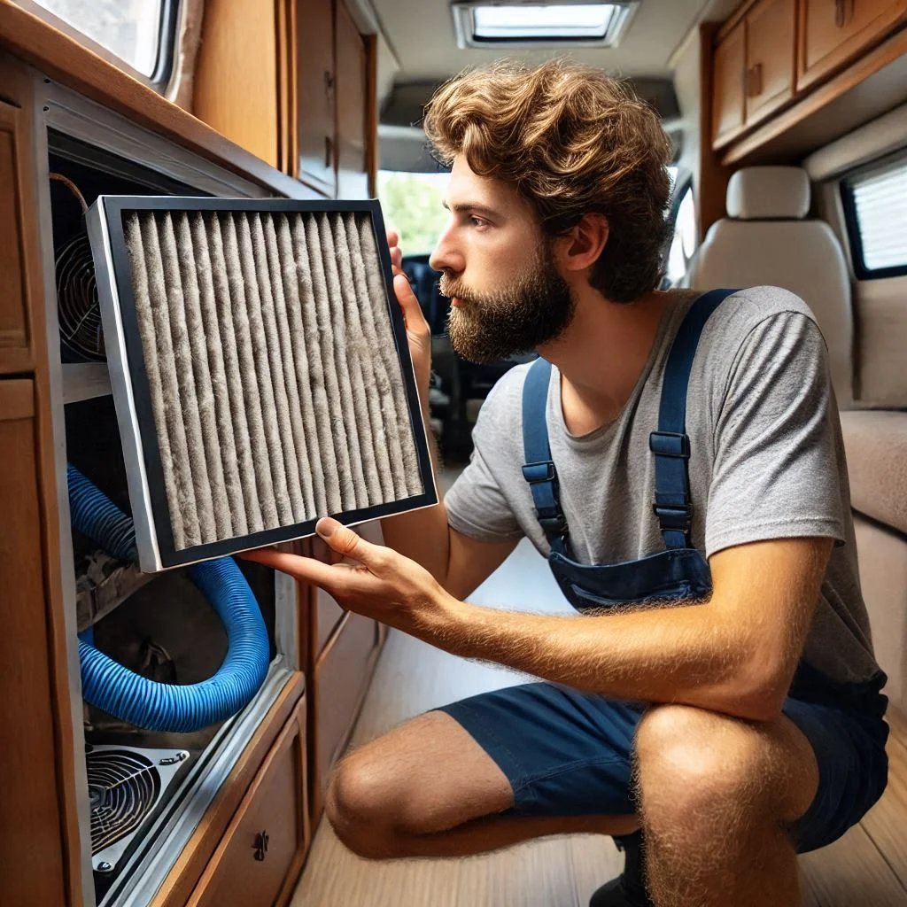 A user inspecting the air filter of an RV AC unit, with visible signs of dirt or debris.