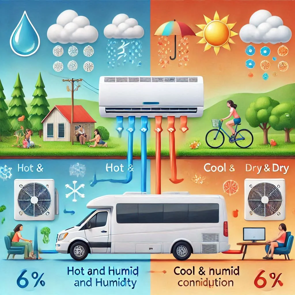 "A diagram showing how ambient temperature and humidity levels impact the wattage consumption of an RV air conditioner, with visual examples of hot and humid versus cool and dry conditions."