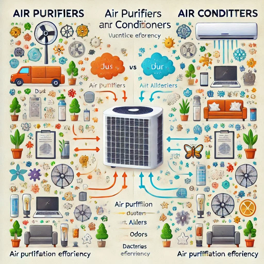 "Comparison chart showing how air purifiers and air conditioners handle various pollutants like dust, allergens, odors, and bacteria. Visualize air purification efficiency for both devices."