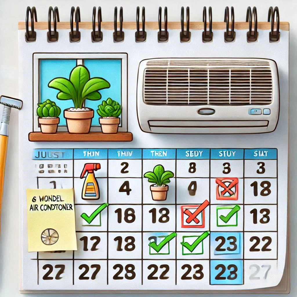 "A calendar with reminders for regular cleaning of a window air conditioner, indicating monthly checks and cleaning."