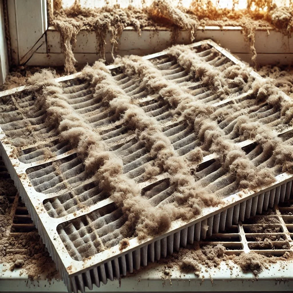 "Close-up of a dirty air conditioner filter before cleaning, showing dirt and dust buildup."