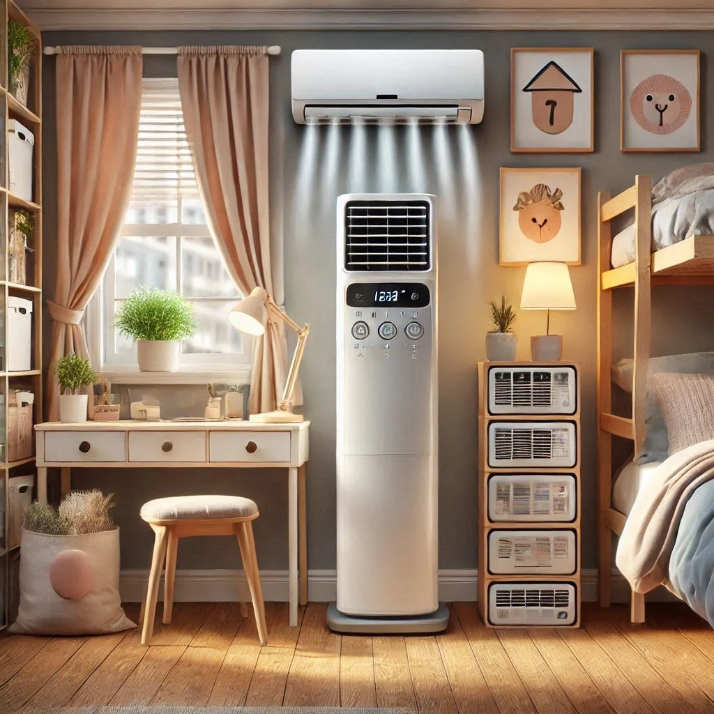 "Image showcasing portable air conditioners in a small dorm room, highlighting the compact size and cooling power of various models."