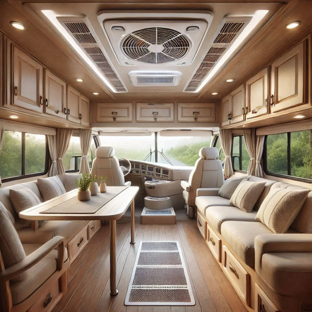 "Interior view of an RV with open roof vents and side windows, showing air circulation and creating a cross-breeze. The RV’s interior appears bright and well-ventilated."