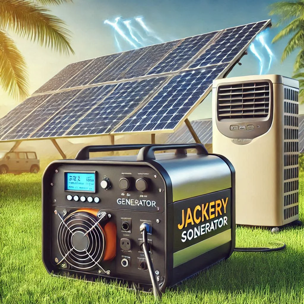 Generate an image showing a Jackery Solar Generator being recharged via solar panels under the sun, with a portable air conditioner running in the background.