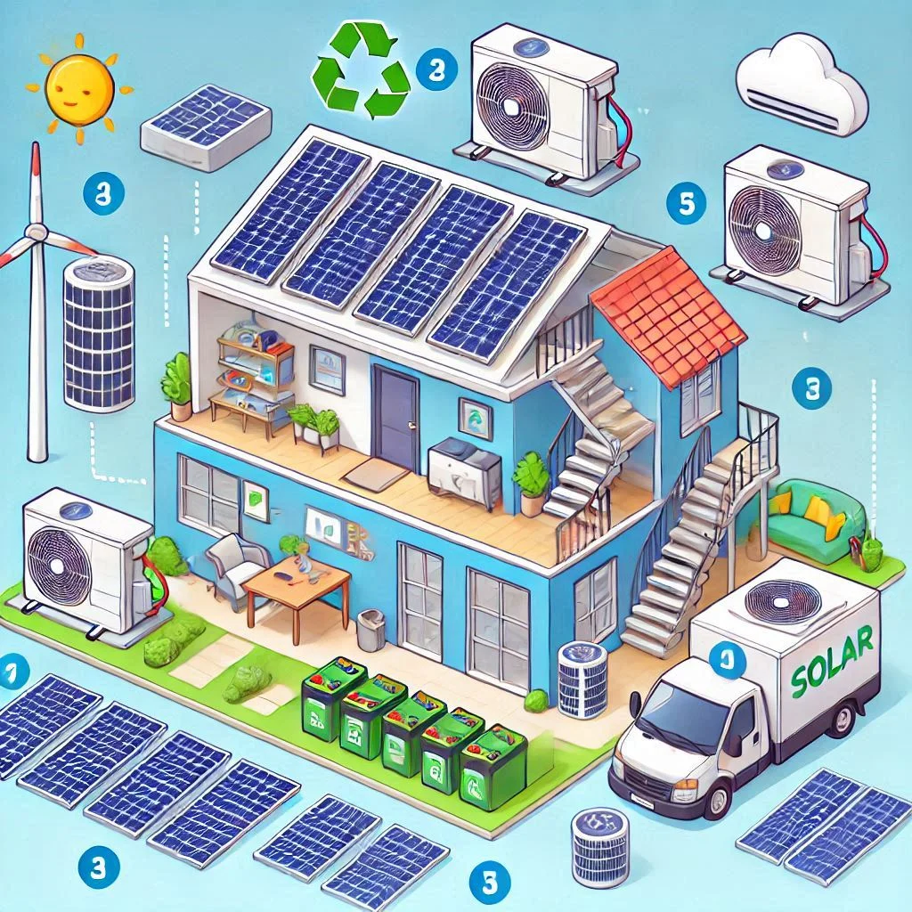 "Step-by-step illustration of building an off-grid solar system for air conditioning, showing solar panels, batteries, and an inverter."