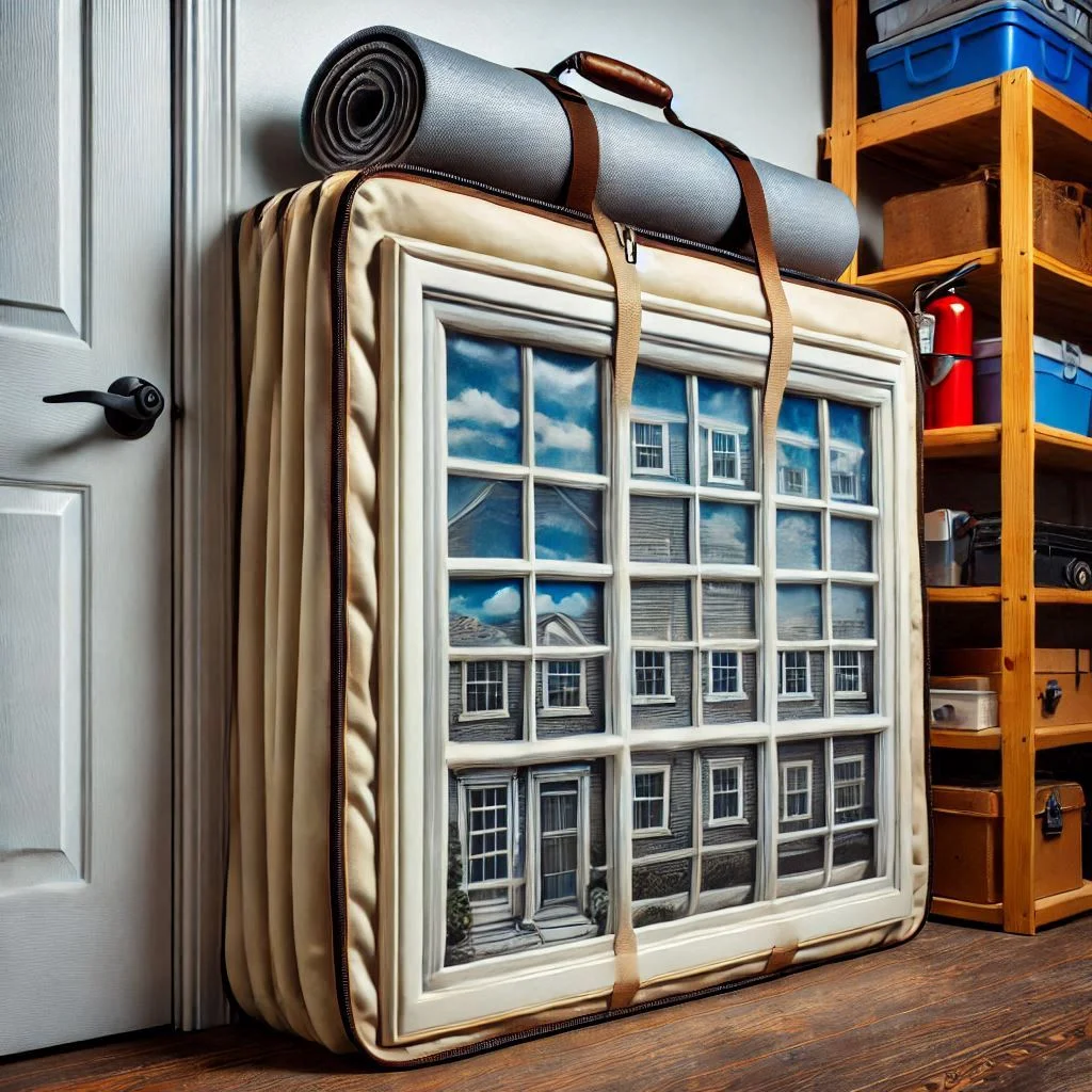 A reusable DIY window seal stored neatly in a garage or closet, emphasizing its durability and portability.