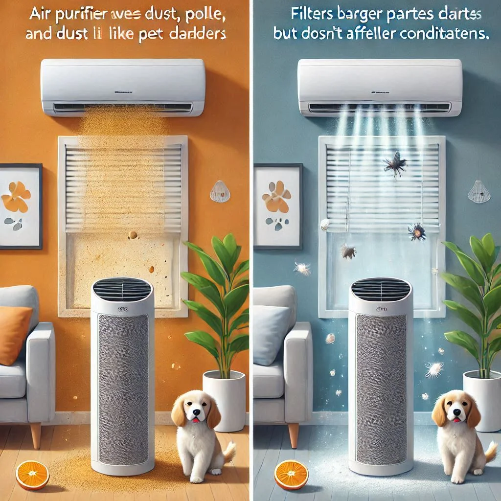 "Side-by-side image showing an air purifier removing dust, pollen, and pet dander, while an air conditioner filters larger particles like dirt and dust but doesn’t affect smaller contaminants."