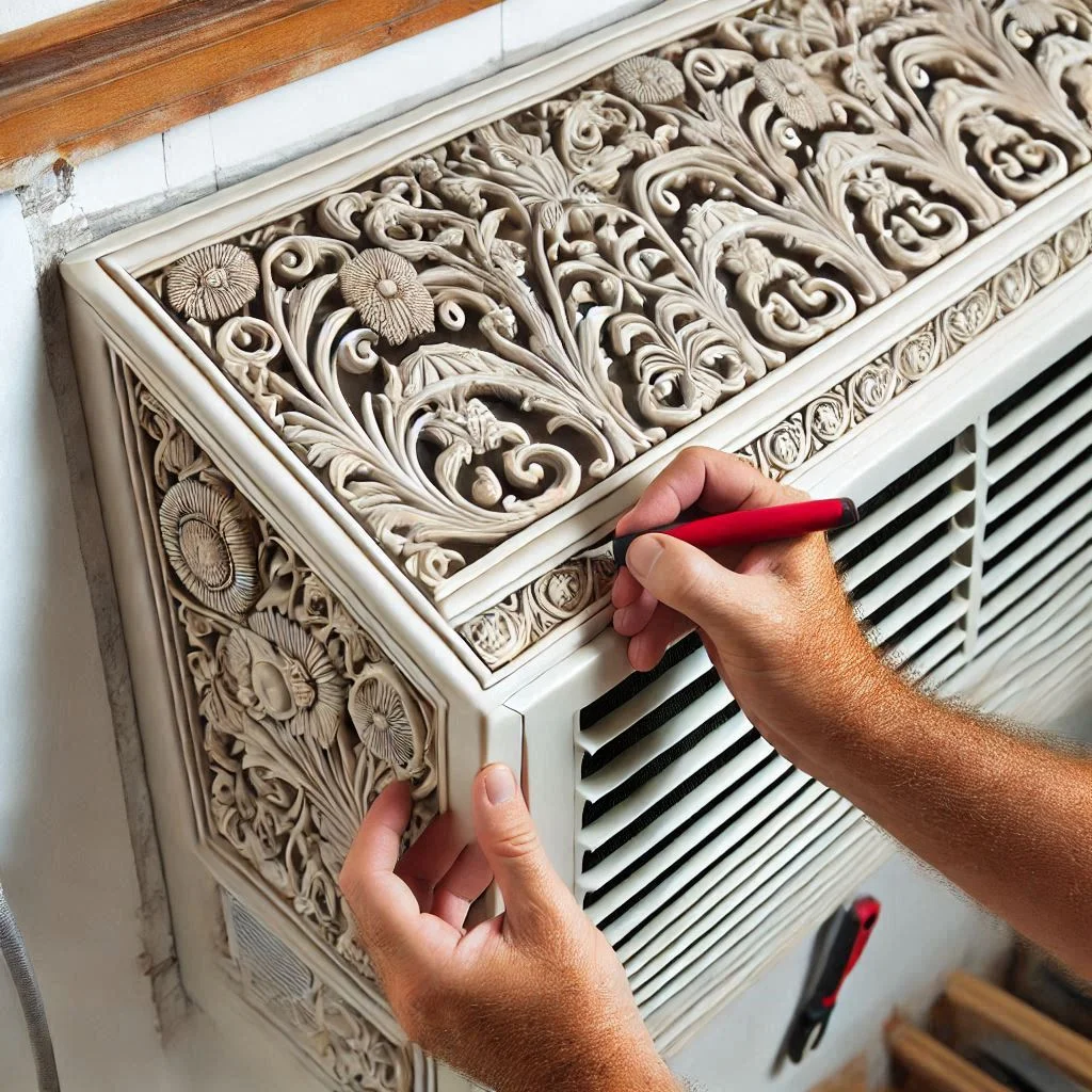 Decorative trim being attached to the front of an air conditioner cover.