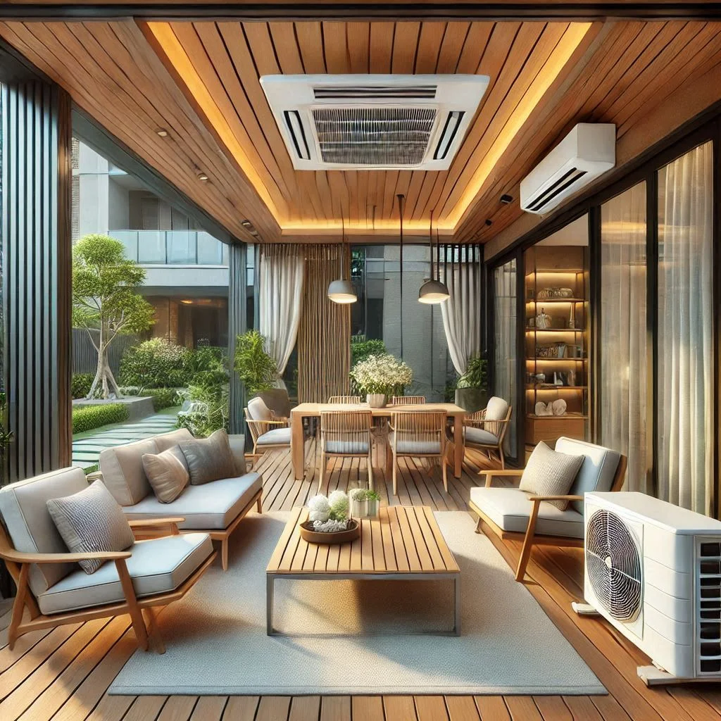 Generate an image of a well-designed outdoor patio with a lounge area, dining table, and an air conditioner unit set up to cool the space, giving the scene a sense of comfort and relaxation.