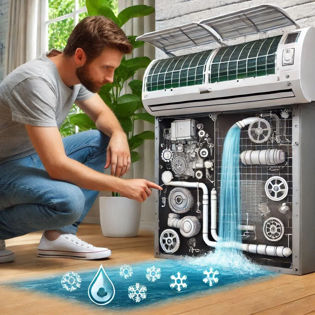 "An image of a homeowner inspecting the air conditioner drainage system, showing clean, functioning parts and a clear flow of water."