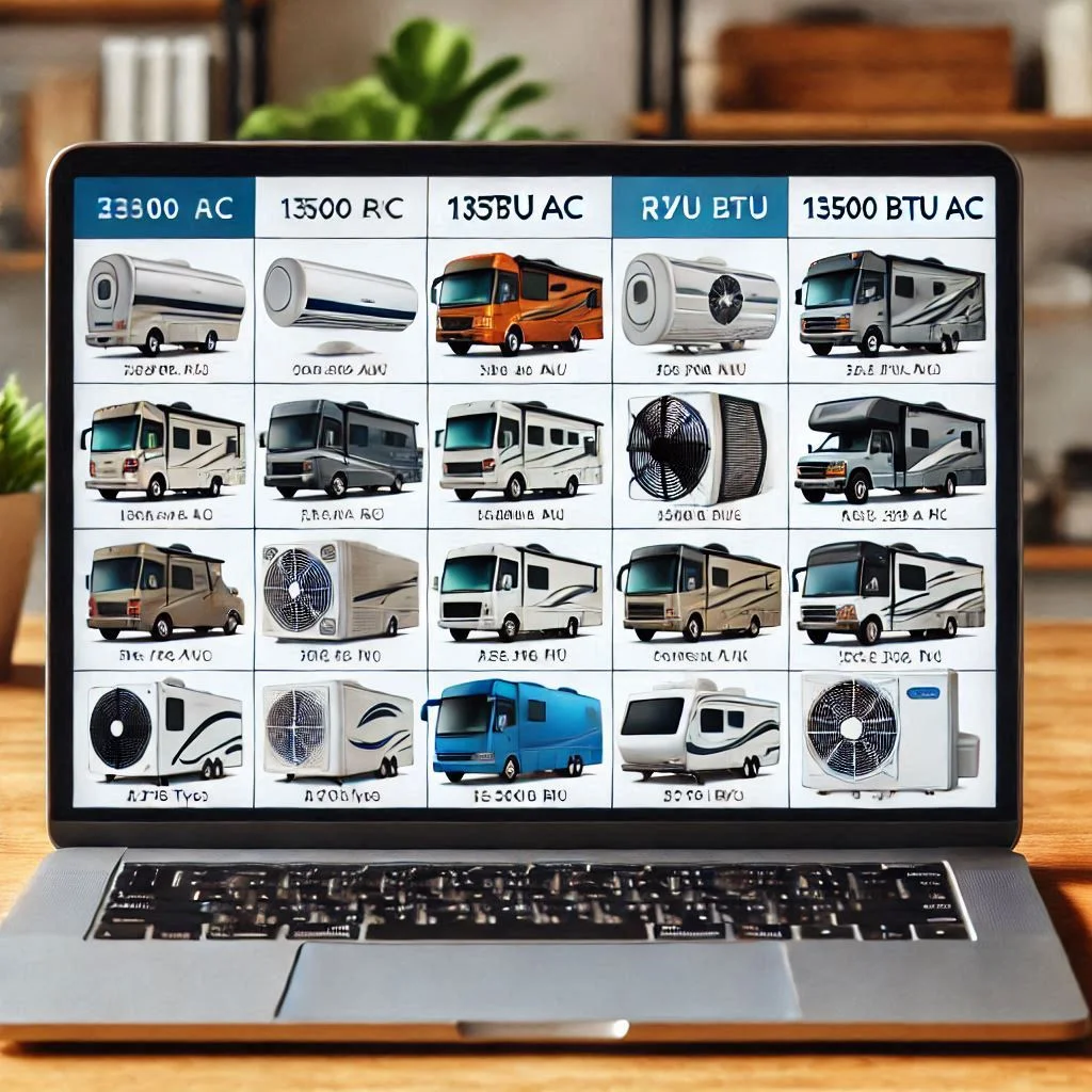 A compatibility chart displayed on a laptop screen, comparing various 13500 BTU AC models with a list of RV types.