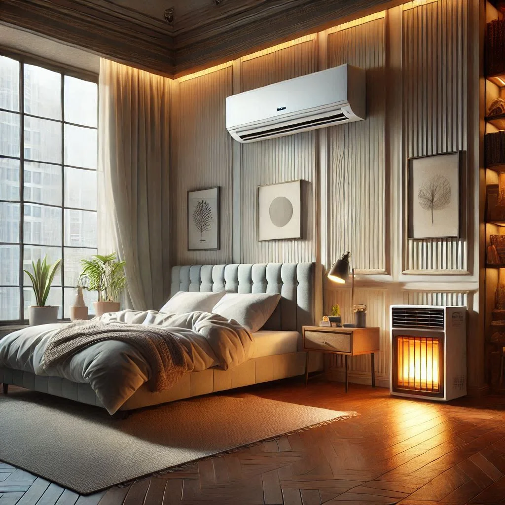 "DeLonghi PAC-AN112 Silent Portable Air Conditioner and Heater in a modern bedroom, emphasizing its quiet operation and heating feature."