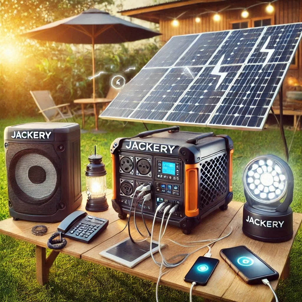 Generate an image of a Jackery Solar Generator powering multiple devices, such as a portable AC, lights, and a phone, in a backyard setting.