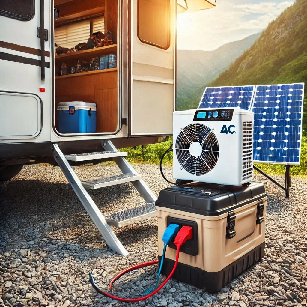 A portable AC unit connected to a camper’s battery system, with a solar panel array in the background.