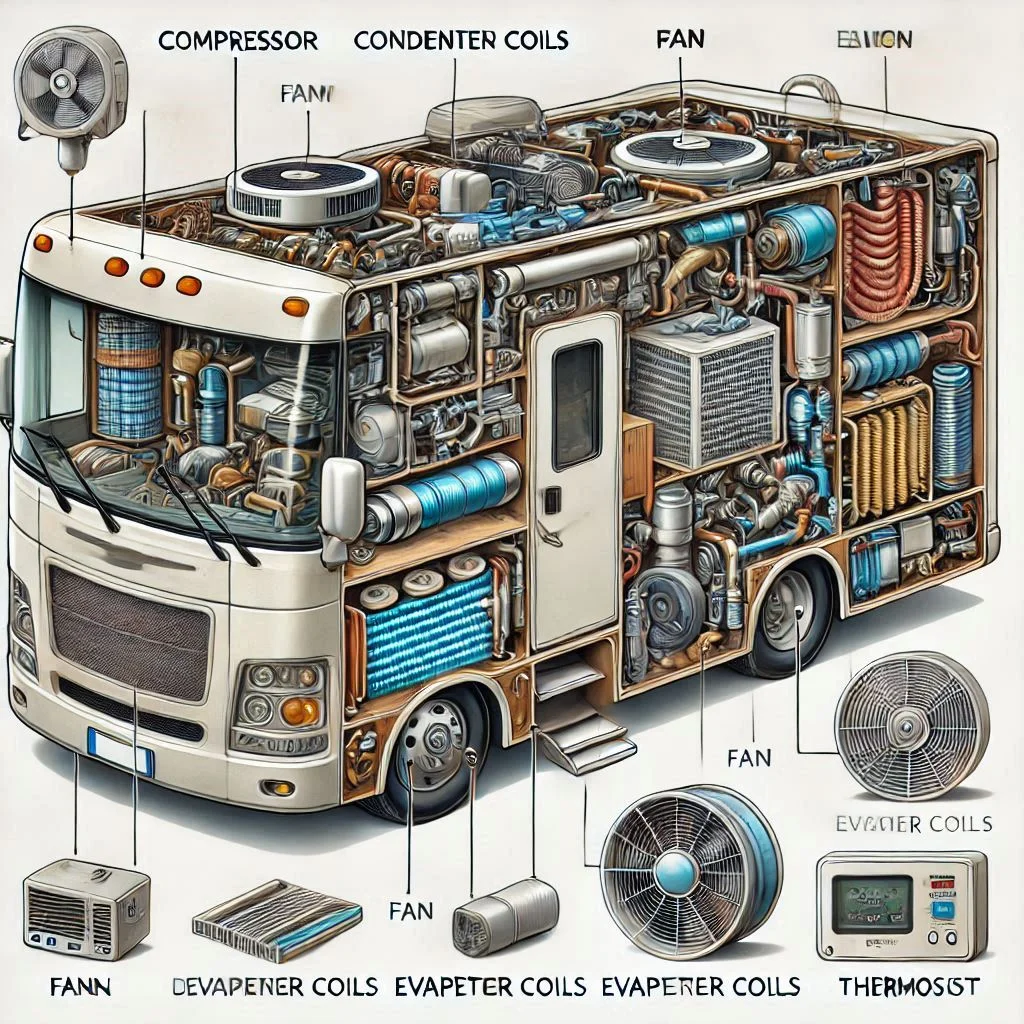 A detailed cross-section of an RV air conditioning system, labeling components like the compressor, condenser coils, evaporator coils, fan, and thermostat.