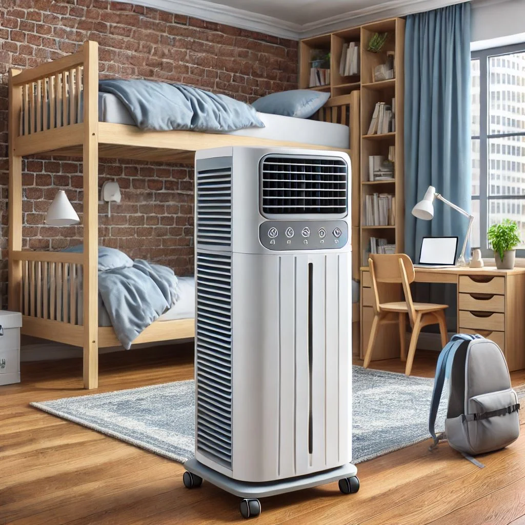 "Portable air conditioner cooling a large dorm room with a sleek, premium design"