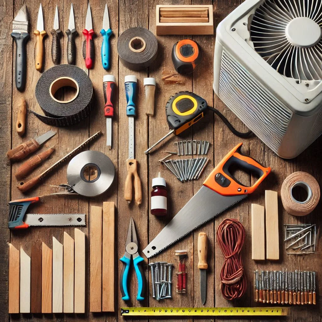 "A variety of tools and materials, including a saw, measuring tape, wood slats, nails, and exterior wood stain, neatly arranged on a wooden surface, ready for a DIY air conditioner fence project."