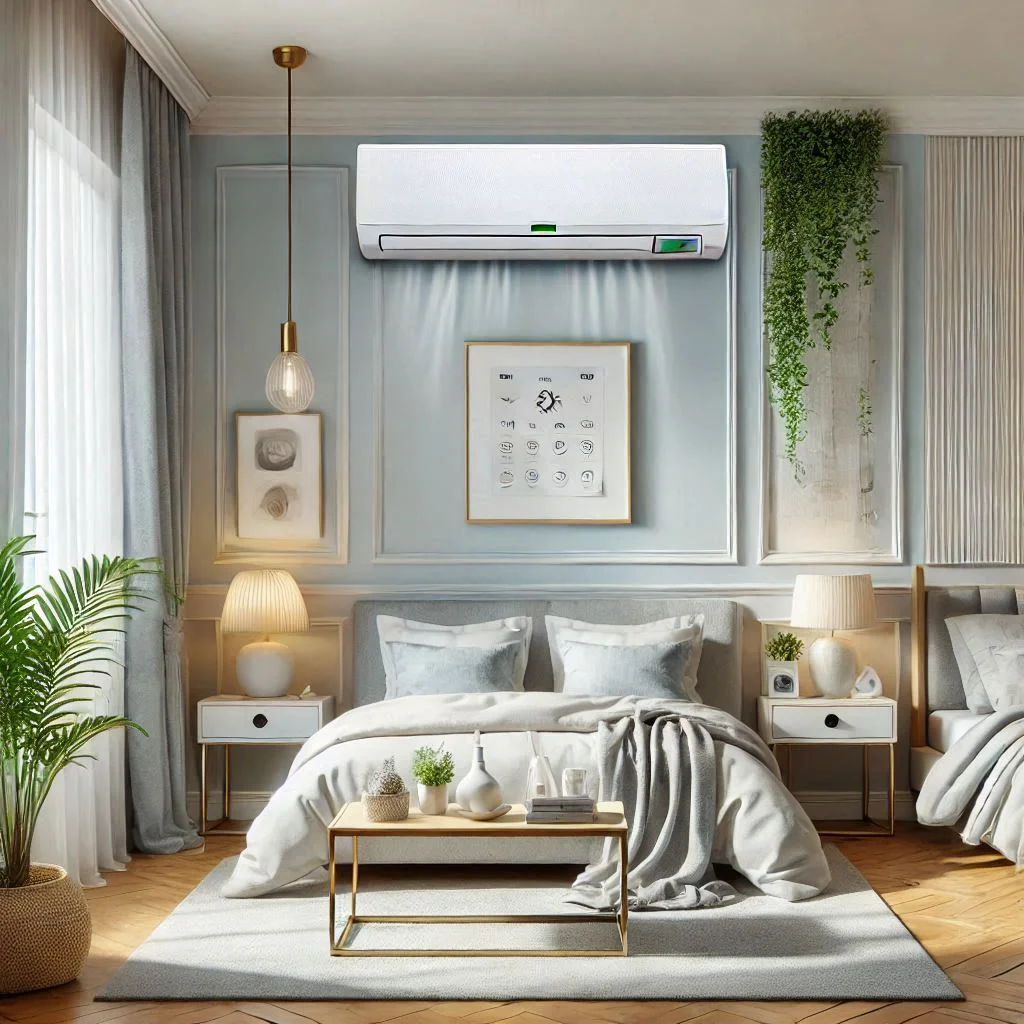 "A modern ductless mini-split air conditioner installed in a clean, allergen-free bedroom, with a visible multi-stage filtration system."