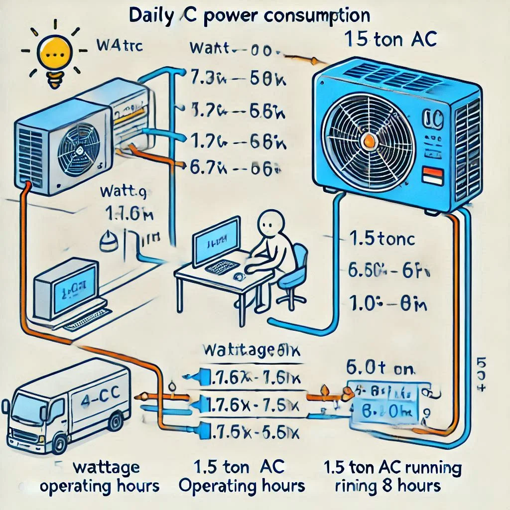 "Diagram showing how to calculate daily AC power consumption by multiplying wattage and operating hours, with an example of a 1.5-ton AC running for 8 hours."