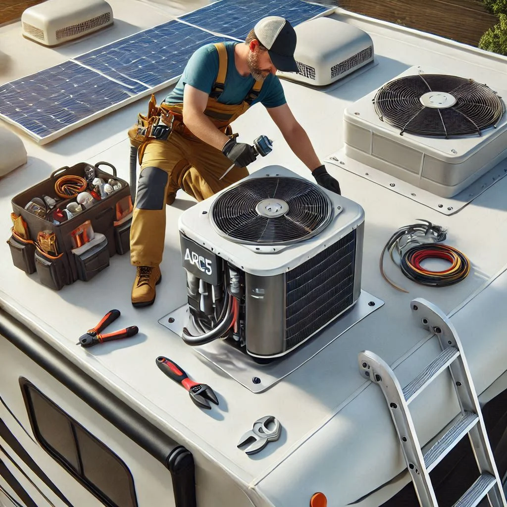 "An image of a technician installing the GE® ARC15 RV Air Conditioner on the rooftop of an RV, showcasing the simplicity of the installation process with tools and components visible."