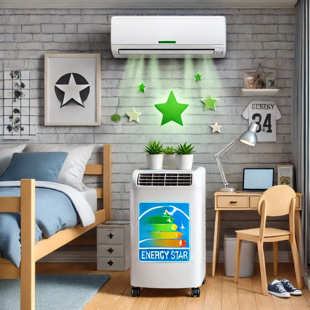 "Energy-efficient portable air conditioner with an Energy Star label cooling a dorm room"