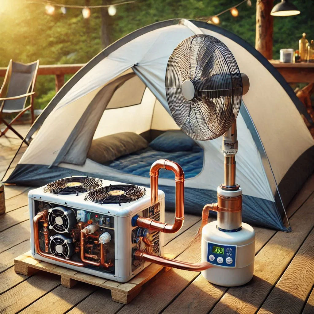 "A DIY camping air conditioner cooling a tent during a hot day. The air conditioning system is connected with a fan, pump, and copper tubing, providing a comfortable environment inside the tent."