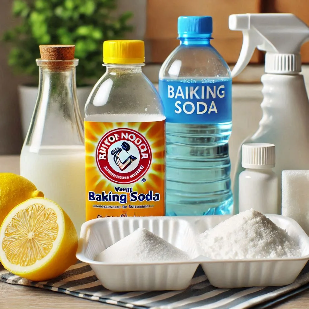 "An image of natural cleaning ingredients like vinegar, baking soda, and lemon juice placed on a counter, ready for use in cleaning styrofoam."