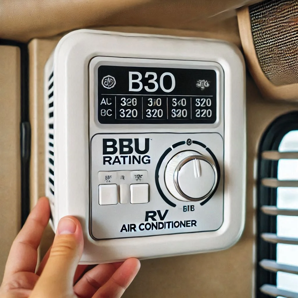 Close-up image showing an RV air conditioner’s model number plate with the BTU rating displayed clearly.