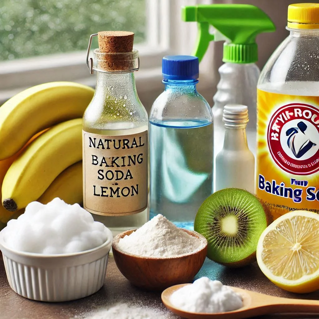 "An image of natural cleaning ingredients like vinegar, baking soda, and lemon juice placed on a counter, ready for use in cleaning styrofoam."