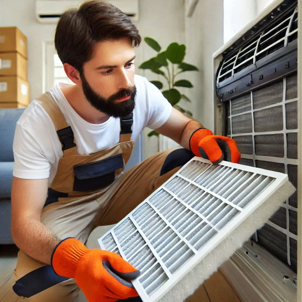 "Close-up image showing a technician replacing a disposable air conditioner filter."