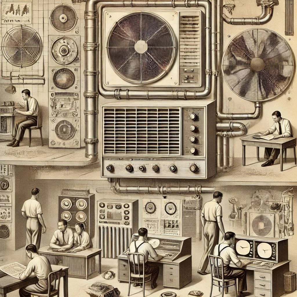 A historical image showing the early designs of air conditioning units in the 1960s, with a focus on their impact on households and public spaces during that period.