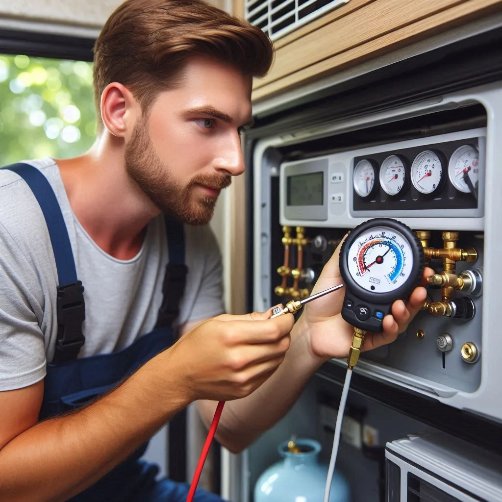 Image of a technician checking refrigerant levels in an RV air conditioner with a gauge, showing proper refrigerant levels.