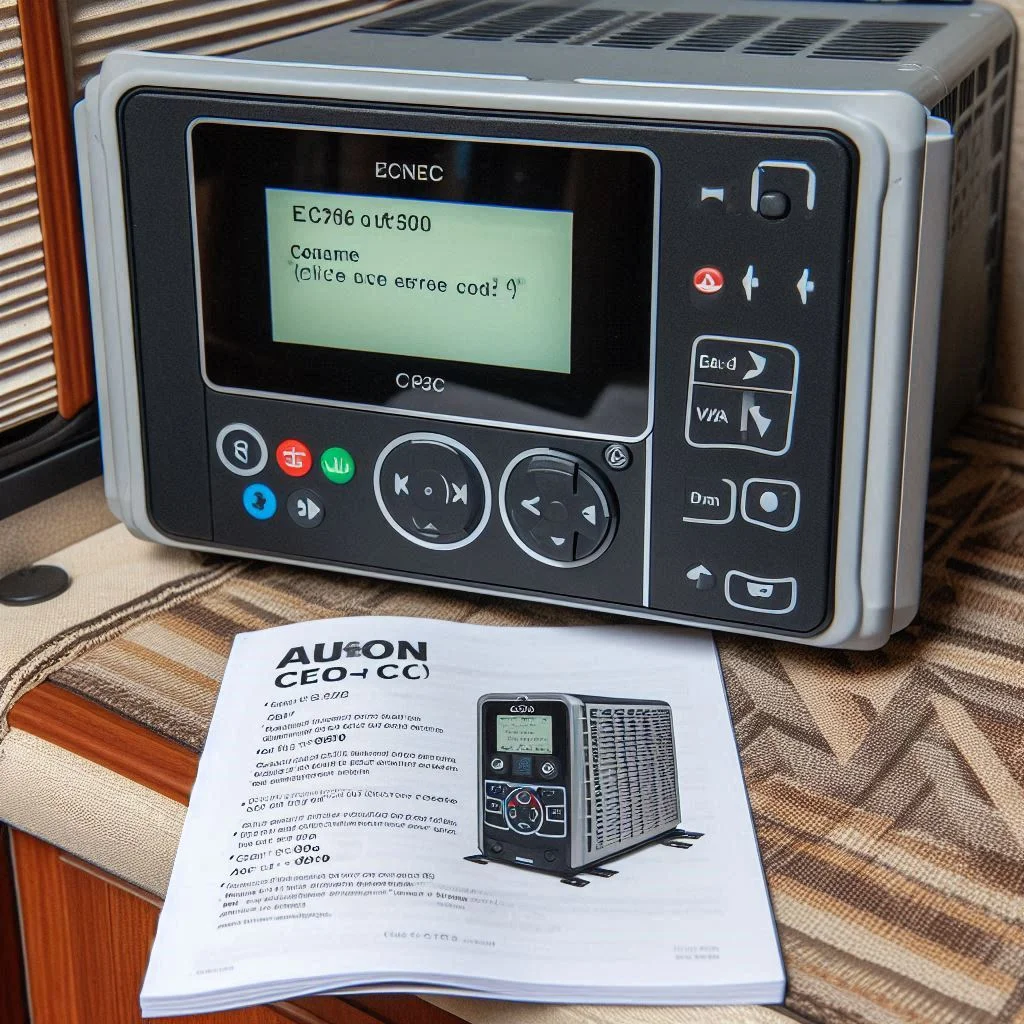 A control panel on an RV air conditioning unit showing an error code, with a user manual nearby for reference.