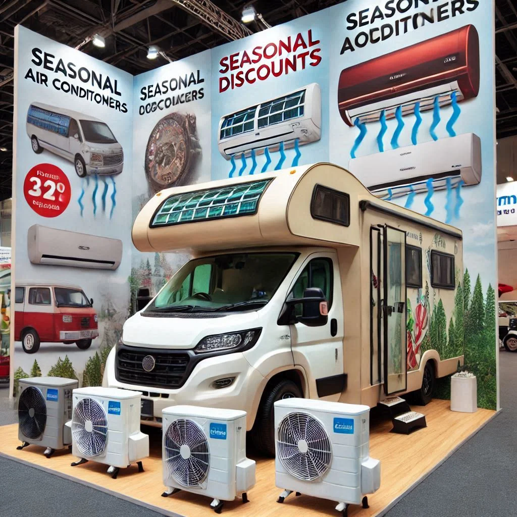 A camper van expo showcasing various air conditioners, with banners advertising seasonal discounts and deals.