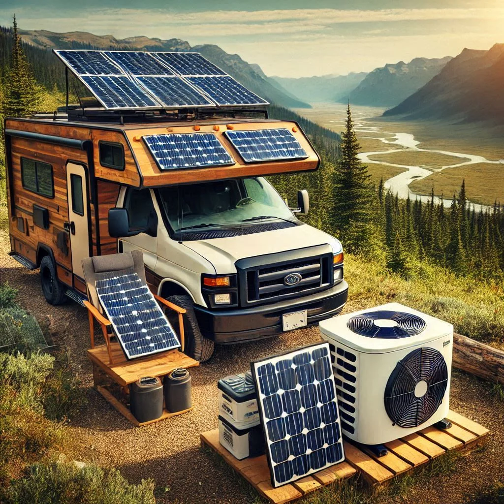 "A solar-powered RV setup with panels charging batteries and running a 12V air conditioner in a scenic outdoor location."