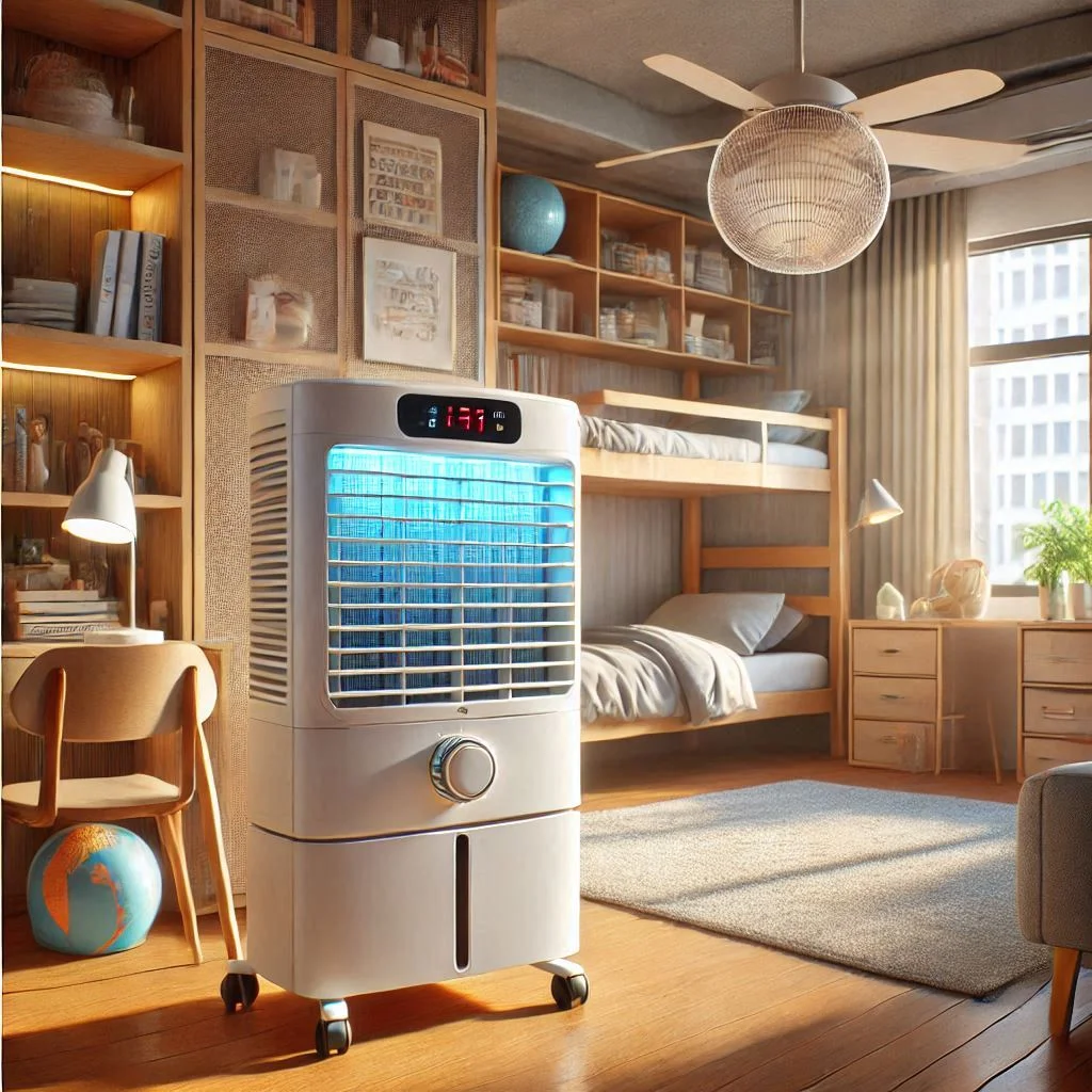 "Honeywell evaporative cooler in a dorm room, efficiently cooling the space with a gentle breeze."