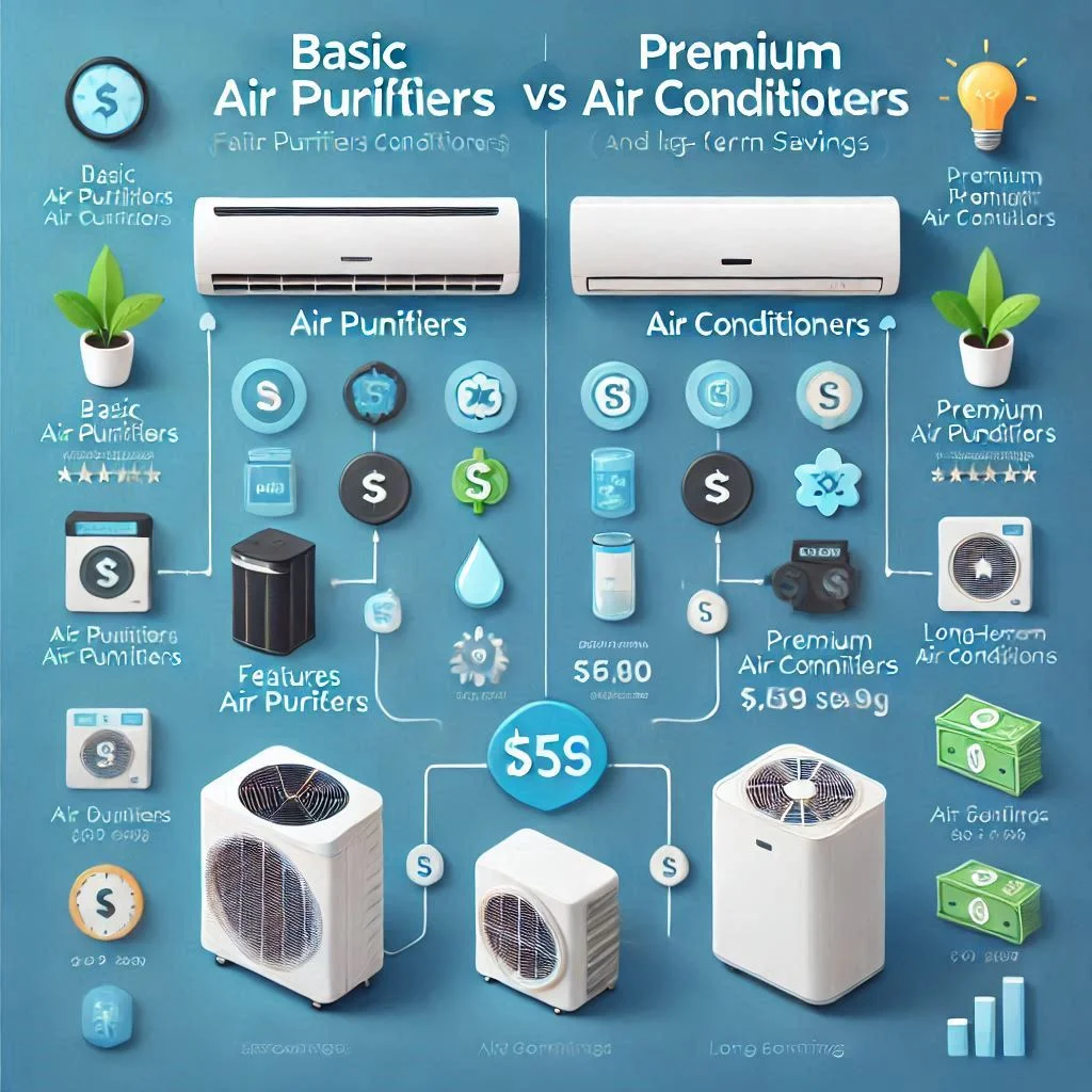 A cost comparison chart between basic and premium air purifiers and air conditioners, highlighting features, benefits, and long-term savings.