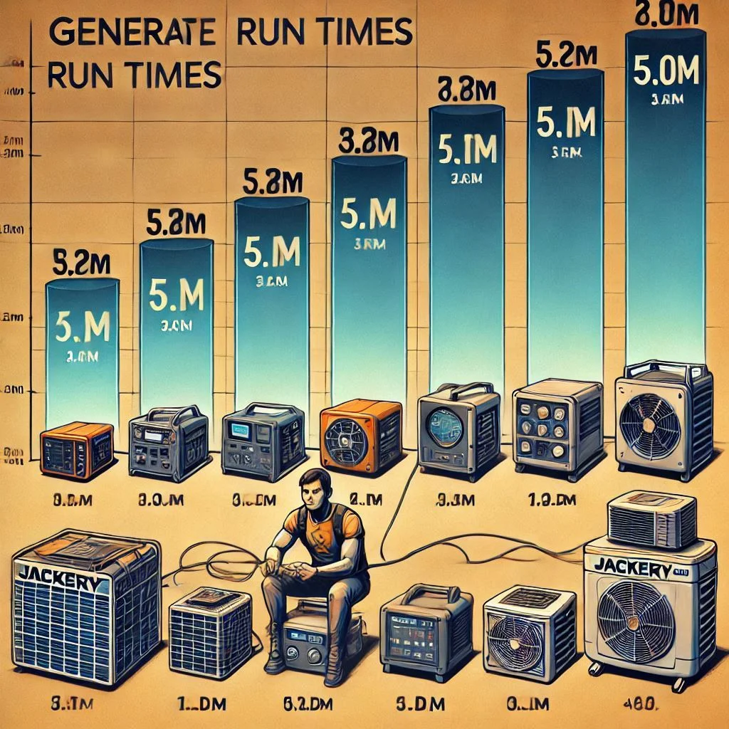 Generate an image showing a chart comparing run times for different Jackery Solar Generator models with various portable air conditioner sizes.