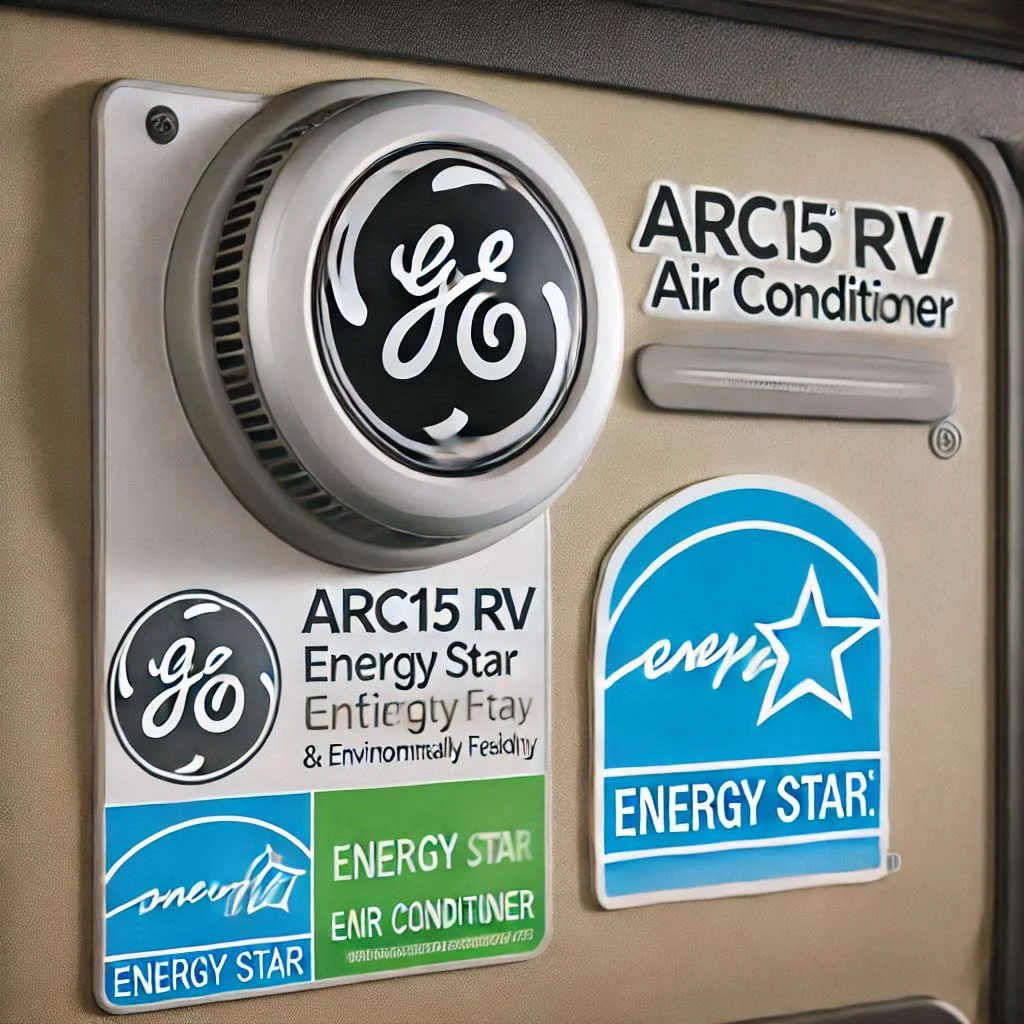 "A close-up image of the GE® ARC15 RV Air Conditioner showing the Energy Star certification label, highlighting its energy-efficient design and environmentally friendly features."