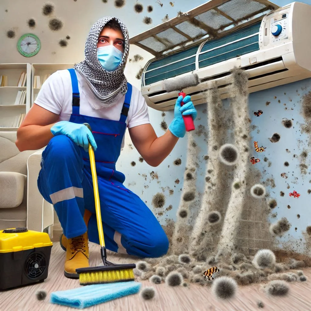 "A technician cleaning an air conditioning unit, emphasizing the removal of mold and allergens from the filters."