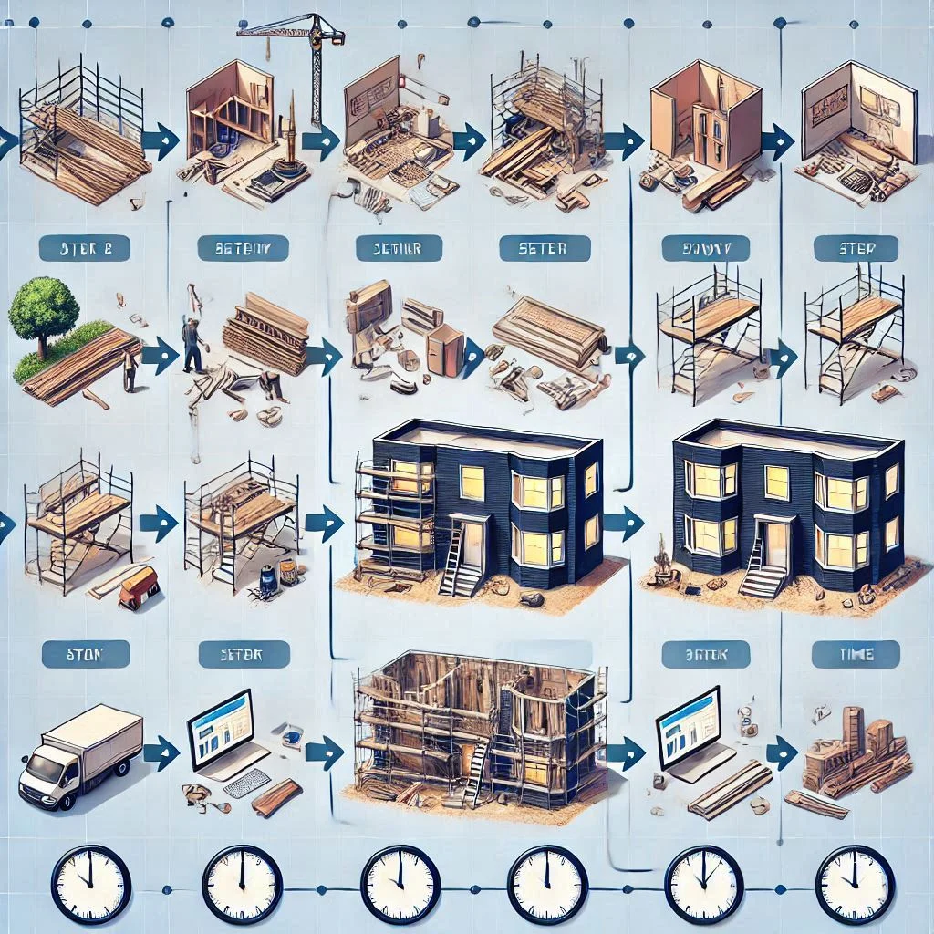 A step-by-step visual timeline showing each phase of the build process with corresponding time allocations.