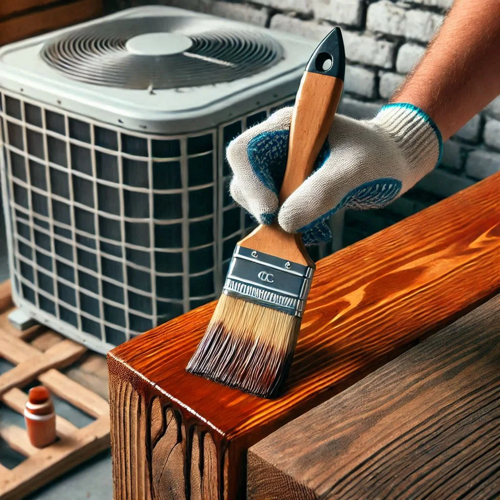 "A close-up image of a person applying wood stain with a brush to a DIY air conditioner fence, showcasing the rich texture and protective coating on the wood."